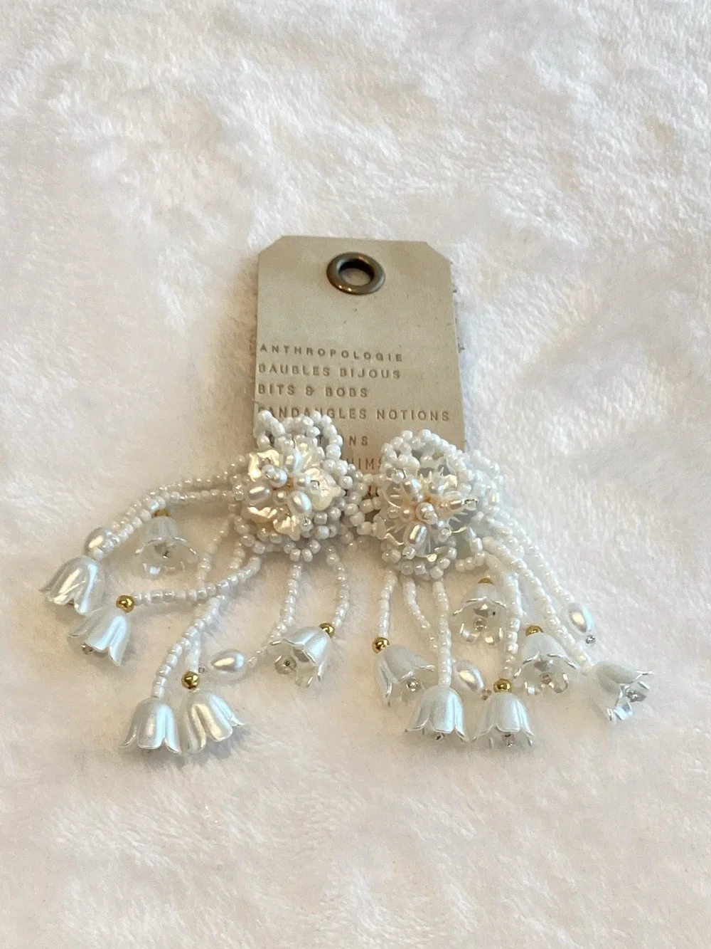 Anthropologie Beaded Drop Earrings Floral Fringe New Ivory Pearl